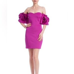Badgley Mischka Rosette Off-the-Shoulder Mini Dress in magenta Pink MSRP $198